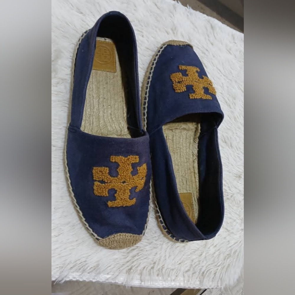 TORY BURCH Women's Elisa Blue Golden Fry Canvas Embroidered Espadrilles SZ 11M - Picture 5 of 9
